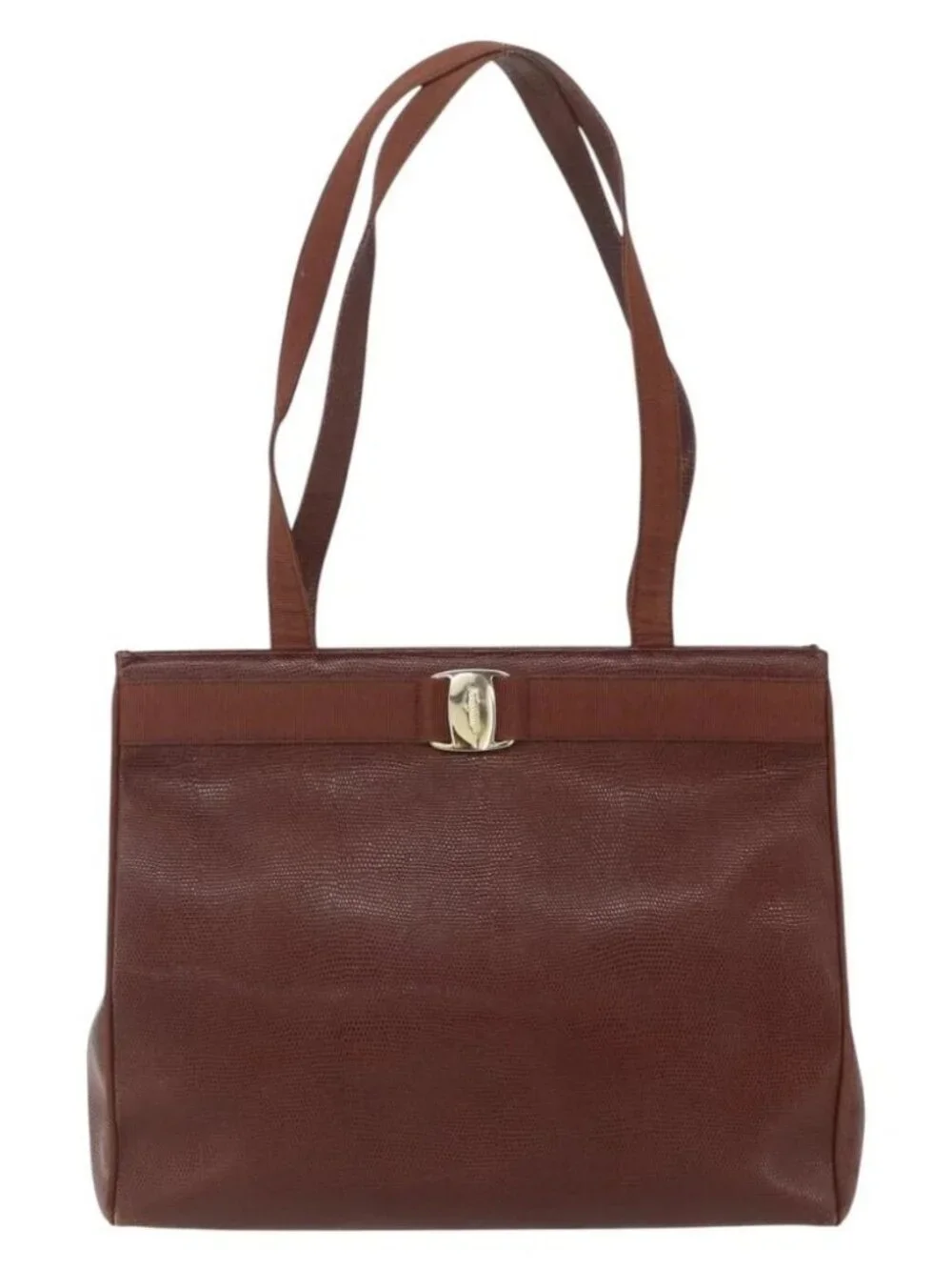 Salvatore Ferragamo Vala Shoulder Bag Leather Brown Gold Auth ka1378